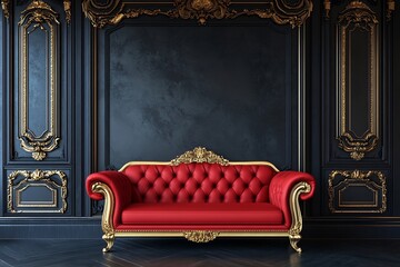 Regal red velvet chaise lounge in ornate gold and black room exuding luxury and sophistication Dark dramatic background