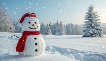 Obraz premium This is a photograph of a snowman standing in a snowy landscape. The snowman has a round body with three black buttons and two small sticks for arms. It wears a red Santa hat and a matching red scarf.
