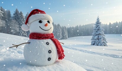 Fototapeta premium This is a photograph of a snowman standing in a snowy landscape. The snowman has a round body with three black buttons and two small sticks for arms. It wears a red Santa hat and a matching red scarf.