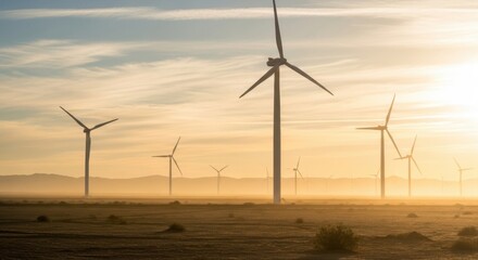 Wind Turbines in Open Landscape at Sunset with Warm Light