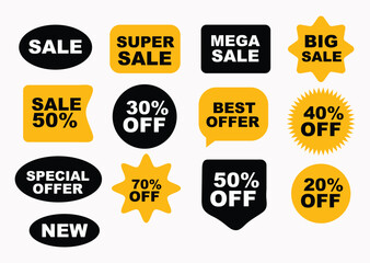 Collection of colorful sale and discount tags for retail promotions