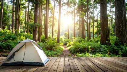 Camping tent in a lush forest