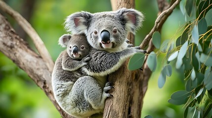Obraz premium Mother koala with baby on her back on eucalyptus tree