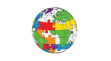 A colorful globe made of puzzle pieces representing continents and oceans, symbolizing global connection and unity.