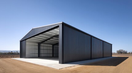 Steel Shed Structure in a Landscape: An expansive steel shed stands proudly against a clear sky, its metallic facade reflecting the ambient light.