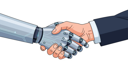 A human hand in a suit shakes hands with a robotic mechanical hand, symbolizing partnership and collaboration between humans and artificial intelligence.