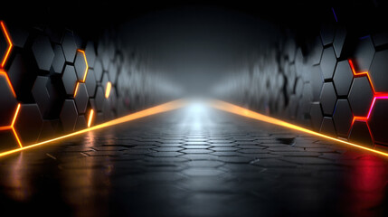Futuristic Tunnel Design: A striking futuristic tunnel design, its dark interior highlighted by illuminated hexagonal patterns that create a pathway of light.