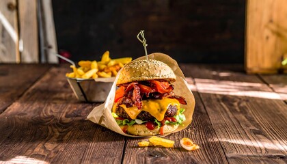 Delicious gourmet burger and fries on a rustic wooden table