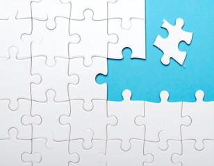 A nearly complete white jigsaw puzzle on a light-blue background, with one piece separate, signifying a final step or solution