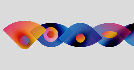 Abstract colorful shapes overlap, creating wave pattern. Gradient hues blend smoothly, forming dynamic composition. Modern design element.