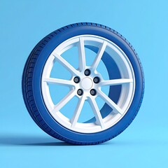 Obraz premium A digitally rendered, single, white and blue alloy wheel with a dark blue tire, set against a light blue background, angled slightly