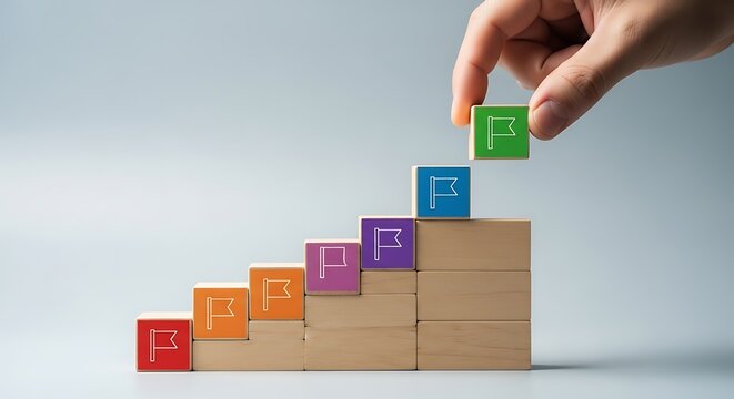 Hand placing colorful blocks on a staircase of cardboard boxes symbolizing growth