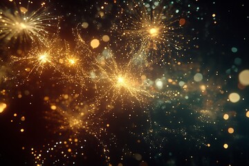 Sparkling golden fireworks burst across a dark night sky celebrating a joyous New Year s Eve with shimmering lights and