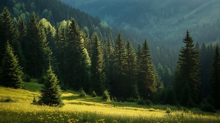 Mountain covered with a coniferous fir tree forest
