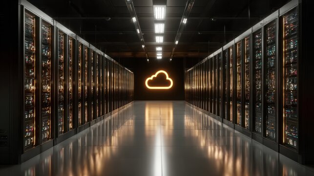 Data center aisle with glowing cloud sign