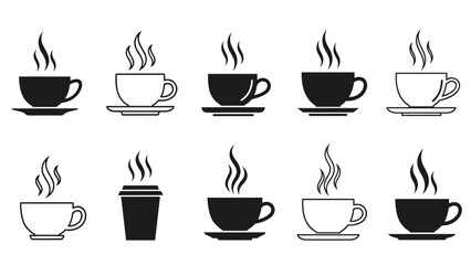 Collection of ten different coffee cups, each with steam rising, in various designs and colors.