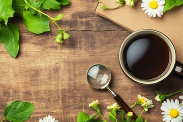 A calming morning scene coffee wildflowers magnifying glass on rustic wood peaceful nature inspired tabletop