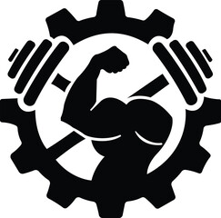 Silhouette of a muscular arm inside a gear with dumbbells isolated on white background