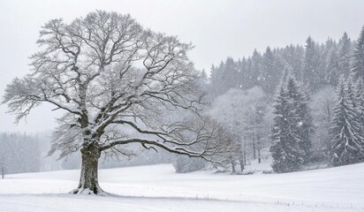 A photograph of a serene winter landscape features a large, leafless tree with sprawling branches, standing prominently in the foreground. The ground is blanketed in pristine white snow, and the backg