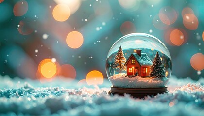 A snow globe with a cozy house, nestled in artificial snow, sits before a bokeh-filled winter scene, illuminated by warm lights and falling snowflakes