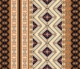geometric pattern and Thai pattern fabric art, abstract, ethnic, horizontal pixel style, brown, orange background, design for textile, clothes, carpet, curtain, blanket, illustratio