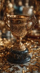 Golden trophy cup with black base on confetti bokeh background