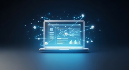 Laptop with glowing data connections and interface elements, symbolizing network or technology.