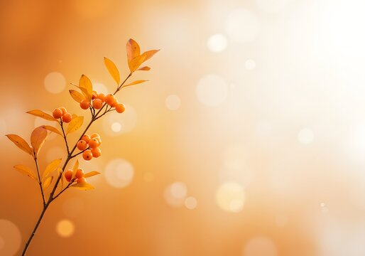 Warm autumn berries glow on a delicate branch against a soft orange background with beautiful bokeh, creating a cozy seasonal atmosphere