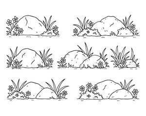 Set of vector sketches of grass with stones. Compositions with flowers and grass. Vector illustration