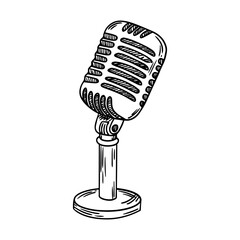Sketch of microphone for podcasts, journalism, concerts. Vector illustrations.