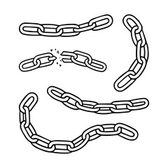 Set of vector chains. Sketch of metal chain. Broken chain. Steel link, strong security, strength, heavy protection.