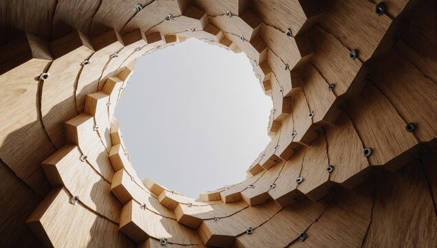 Abstract view looking up through a spiraling wooden parametric structure to the sky.