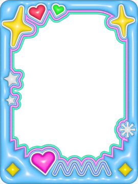 Blue kawaii frame with stars hearts sparkles and wavy line