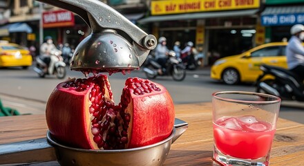 Street side pomegranate juice preparation offers a refreshing drink break