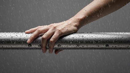 Hand resting on a wet metal railing in the rain, a concept of quiet contemplation.