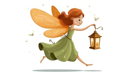 Cute fairy with orange wings and a lantern, running