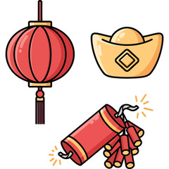 Illustrative Collection of Festive Red Lantern, Gold Ingot and Firecrackers for Lunar New Year Celebration