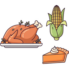 Thanksgiving Feast Festive Turkey, Corn, and Pumpkin Pie Illustration