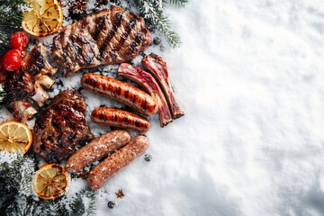 Juicy grilled meats on snow winter BBQ feast ribs steak sausages festive winter scene delicious food photography snowy