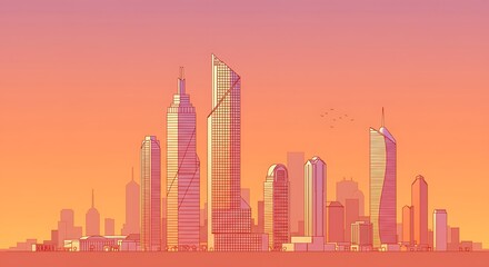 Fototapeta premium Modern cityscape silhouette skyscrapers against orange sunset sky background