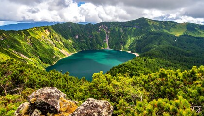 Panoramic view of a vibrant crater lake nestled in a lush mountain range