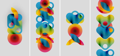 Obraz premium Abstract colorful shapes overlap, creating vibrant compositions. Four panels display similar designs, differing slightly in arrangement.