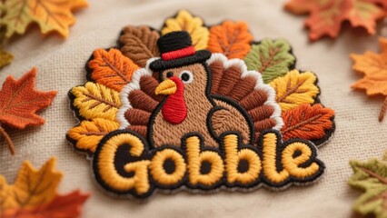 Embroidered turkey patch with 'Gobble' text surrounded by autumn leaves