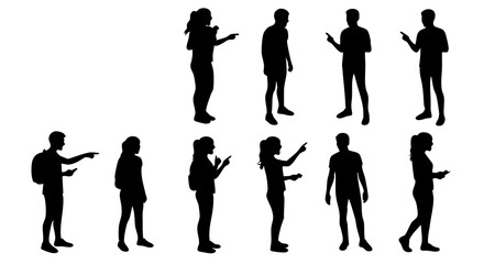 Minimalist Silhouette Standing People with Phone Communication Various Poses Illustration