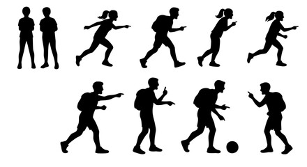 Detailed Silhouette Figures of People Poses with Backpacks and Standing