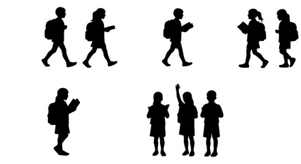 Flat Silhouette Student Character Illustration of School Children on White Background