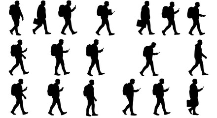 Silhouette Walking Businessman with Backpack and Briefcase Using Mobile Phone Illustration