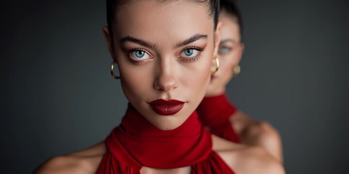 A sophisticated portrait of a woman in a striking red dress, highlighting elegance and confidence with a captivating expression.