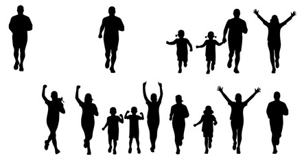 Silhouette Diverse Group of People Running Together in Various Poses Illustration