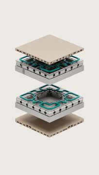 Exploded view of a complex industrial part in silver and teal, showcasing engineering design.